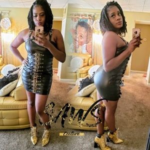 Belted PU Leather Mini Dress